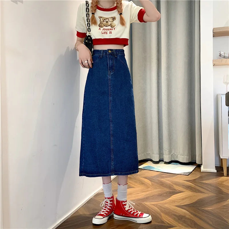 New 2022 Spring-Autumn Medium-Length Denim Skirt For Women High-Waisted Slimming Plus Size Curvy Girls A- Line Hip Covering Skir