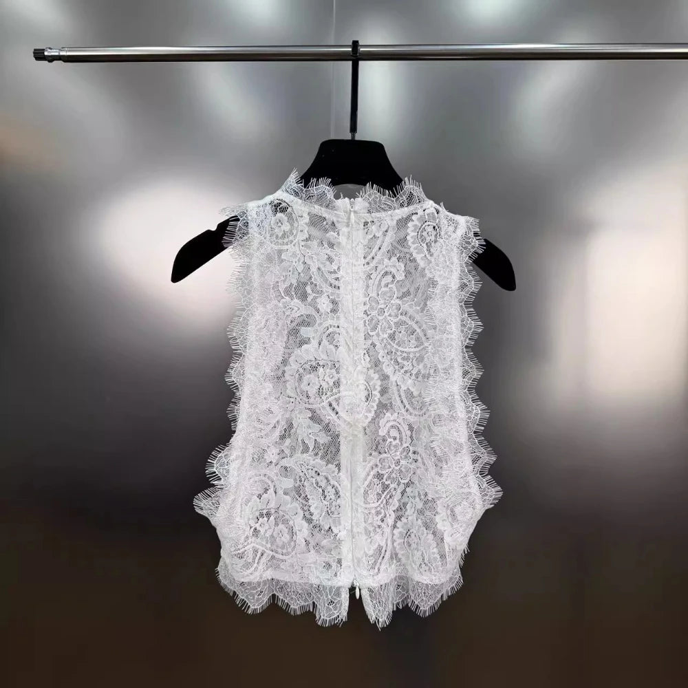 VGH Basics Vintage Spliced Zipper Sheer Vest for Women O Neck Sleeveless Slimming Spliced Lace Edge Temperament Tank Tops Female