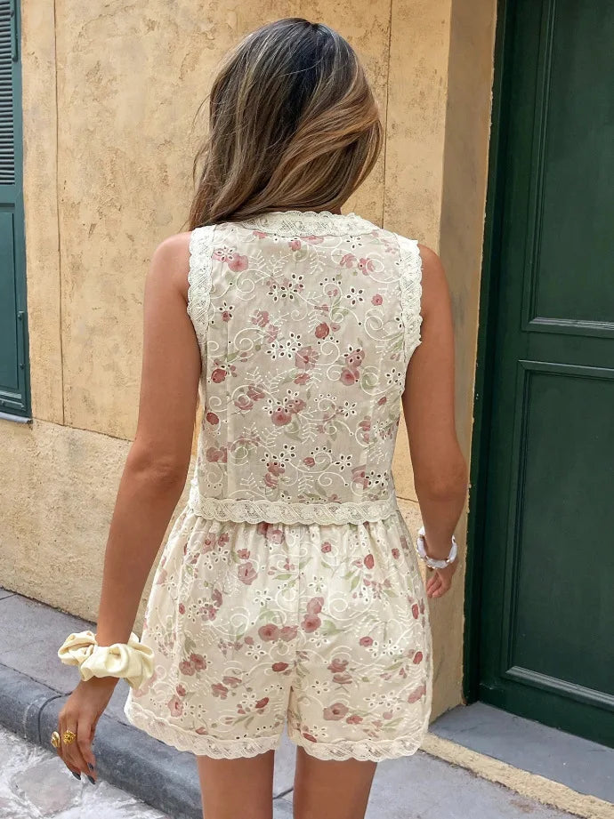 Lace-Trimmed V-Neck Printed Hollow Vest Top and Shorts Set for Women