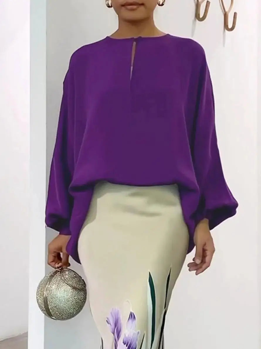 Fashion Purple O-Neck Blouse Tops For Women 2025 New Spring Summer Puff Sleeves Loose Casual Going Out Shirts