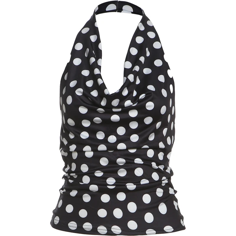 Weird Puss Polka Dot Print Tank Top Women Y2K Halter Swing Collar Backless Skinny Hottie Summer Midnight Street Basic Wild Vest