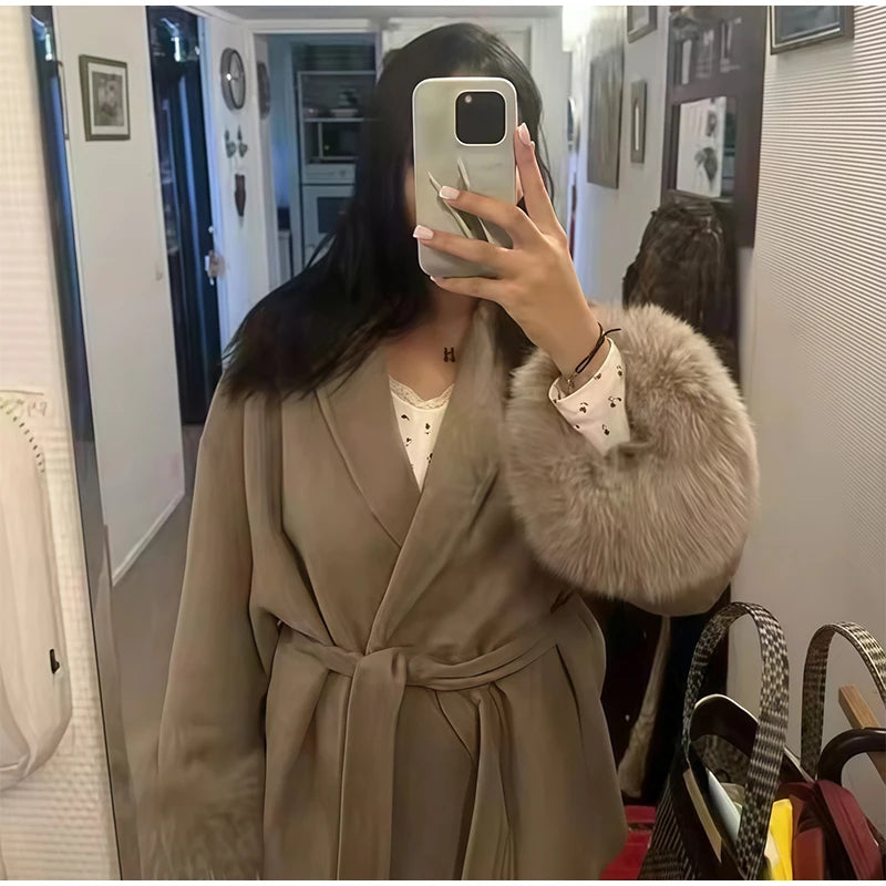 Plush Cuffs Belt Women 's Coats Elegant Lapel Faux Fur Sleeve Twist Open Coat Female 2025 Autumn Winter Fashion Lady Streetwears