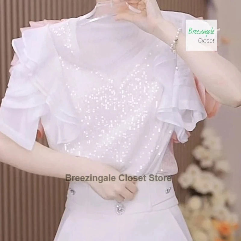 French luxury sequins ruffled chiffon stitching short-sleeved T-shirt women's summer new flower mesh western-style blouse