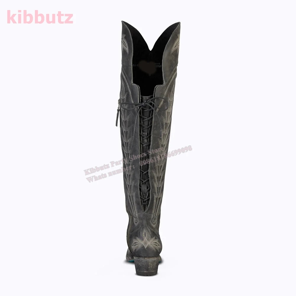 Rivet Cowboy Vintage Boots Over The Knee High Embroidery Lace-Up Luxury Leather Pointed Toe Chunky Heels Fashion Concise Shoes