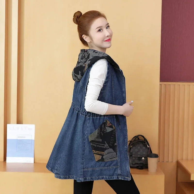 Mid-length Waist Collection Slimming Hooded Cowboy Vest Female 2024 Spring Autumn Korean Version Casual All-matching Vest Coat X