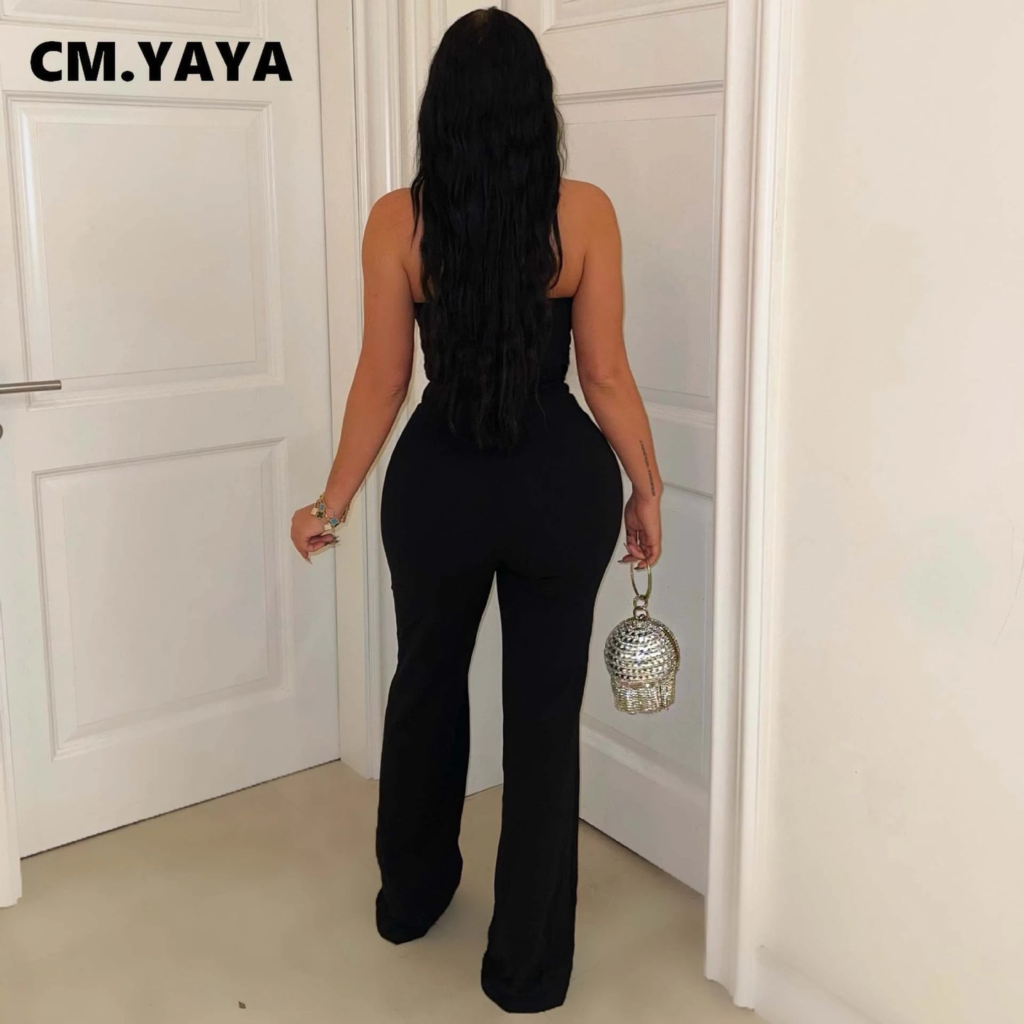CM.YAYA Fashion Women Halter Neck Butterfly Striped Splicing Sleeveless Jumpsuits 2025 Sexy Party Outfits One Piece Suit Rompers