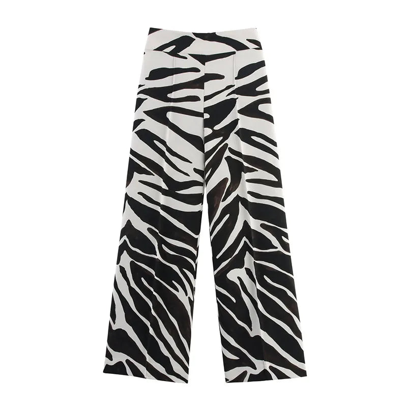 Zebra Print Wide Leg Women Pants High Waisted Stretch Fit 2025 Autumn Fashion Elegant Casual Bottoms Office Chic Lady Trousers