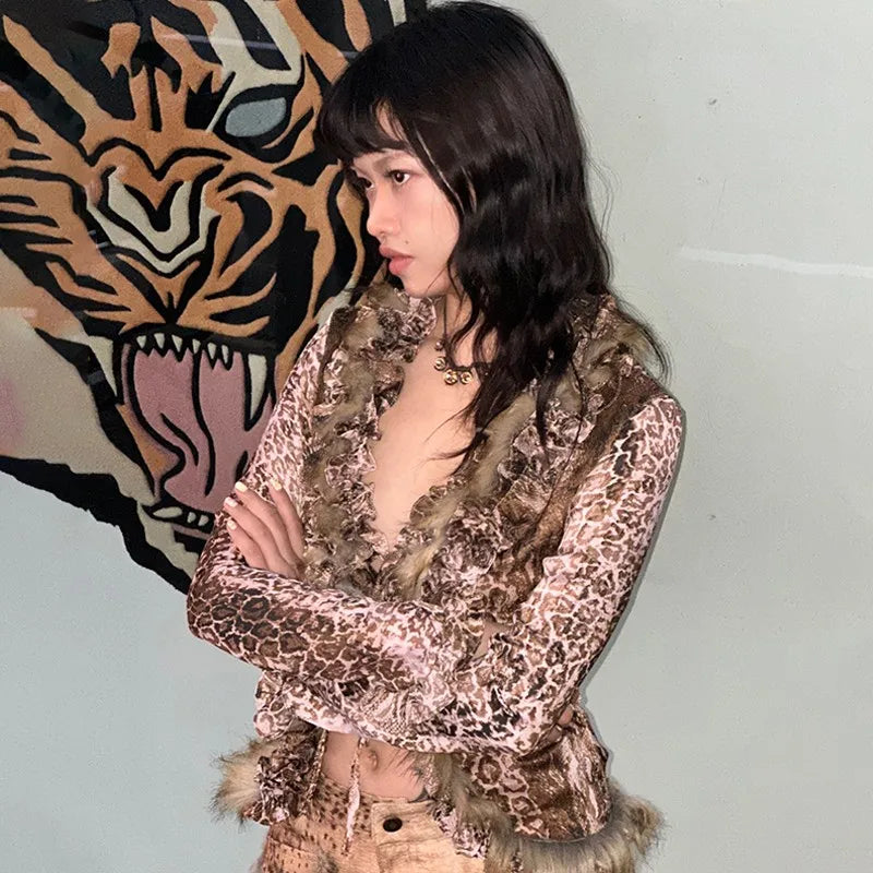Karrram Japanese Y2k Leopard Print Shirt Vintage Harajuku Fur Shirt Grunge Aesthetics V-neck Irregular Blouses American Retro
