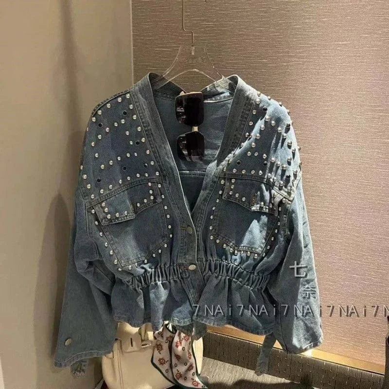 French denim jacket women's new heavy-duty diamond-studded beaded loose short long-sleeved jacket in spring and autumn