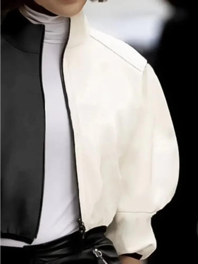 Women Fashion Patchwork Stand Collar Jackets 2025 New Spring Autumn Puff Sleeves Loose Fit Casual Korean Style Outerwears