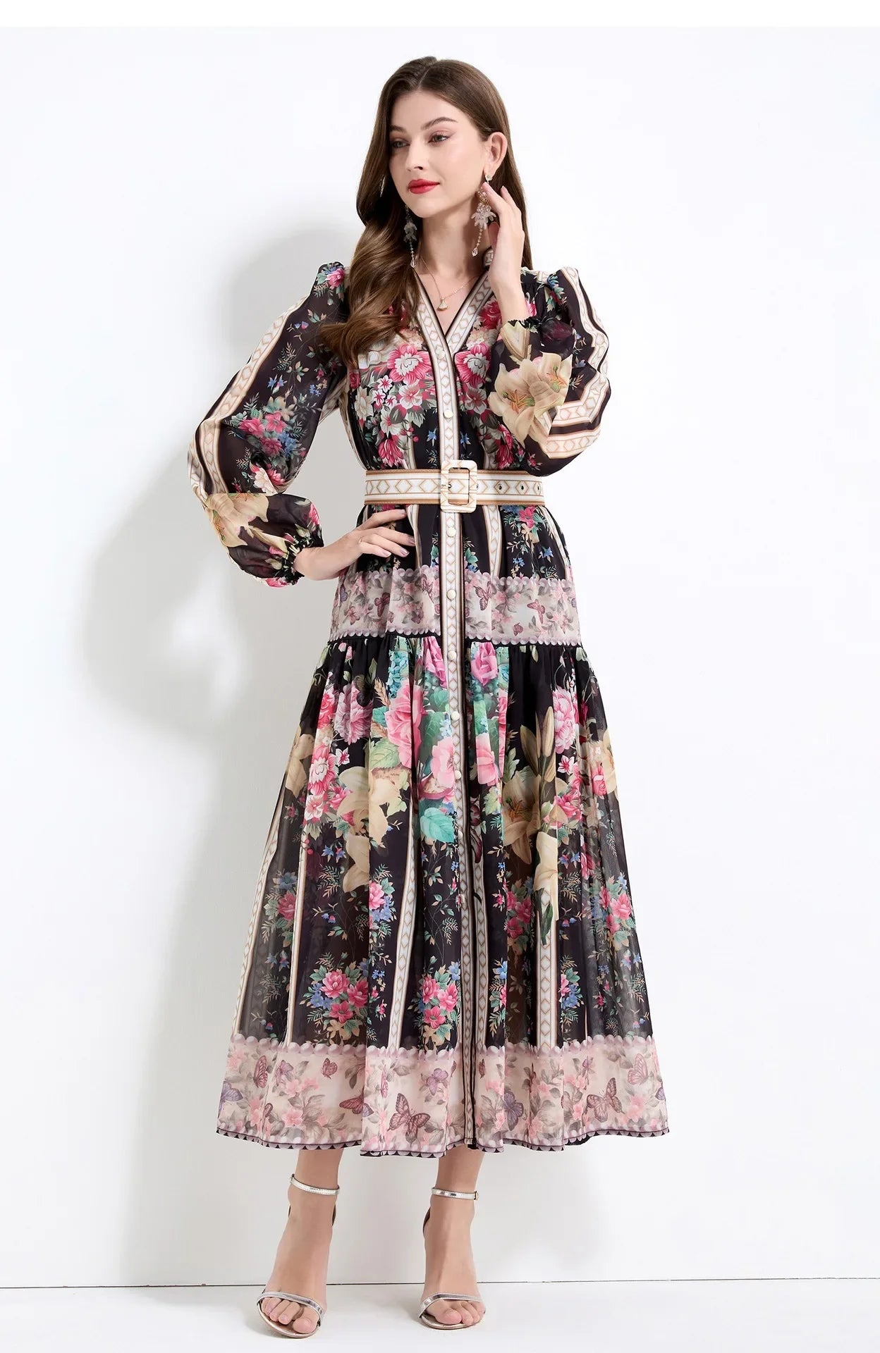 Elegant French Vintage Dress Women's High Waist Belted Print Court Style Long Dress Classy Sensation Skirt Fashionable Gown