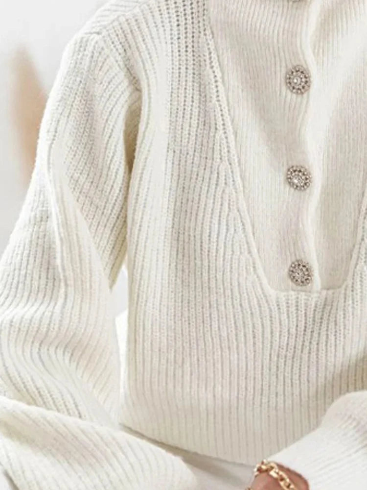 Casual White Pullovers Sweaters Female Fashion Long Sleeves Buttoned High-Neck Sweater Tops Fall Clothes 2025 Women