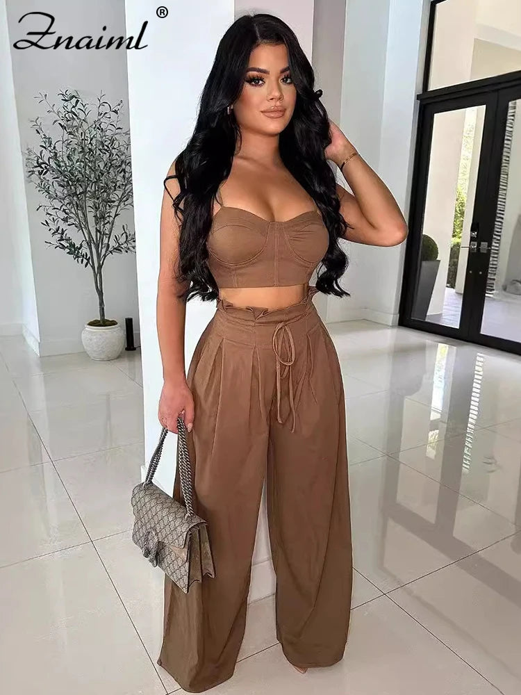 Znaiml Fashion Two 2 Piece Pants Sets Women Clothing Strap Sleeveless Top and Wide-leg Pants Elegant Streetwear Matching Suit