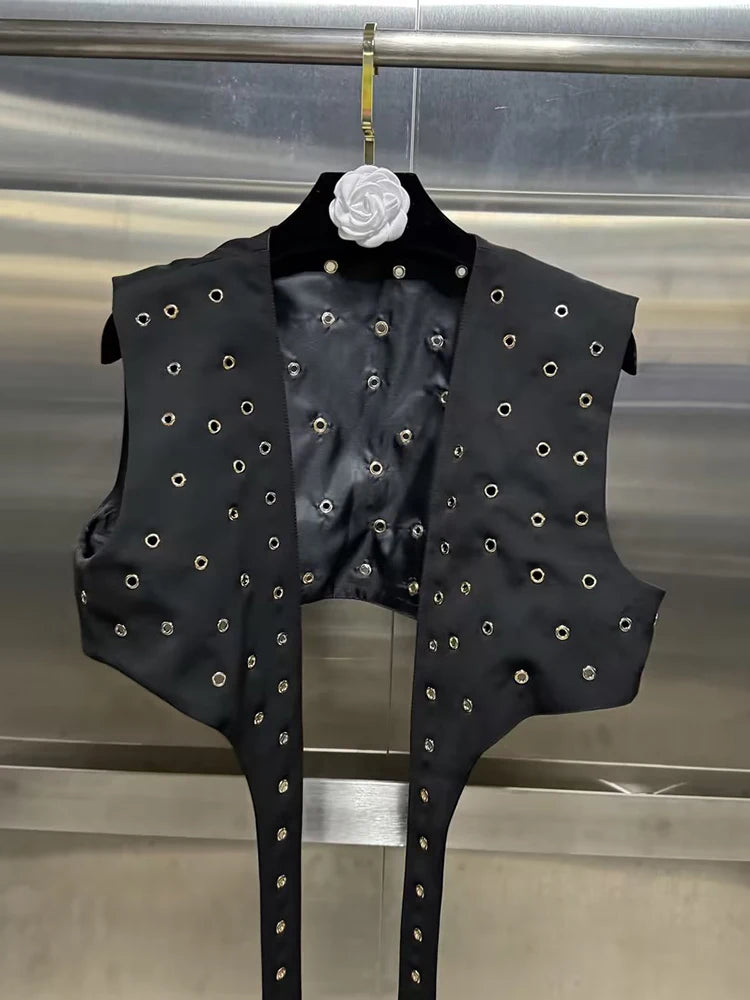 VGH Hollow Out Patchwork Rivets Waistcoats For Women V Neck Sleeveless Spliced Belt Slimming Short Waistcoat Female Fashion New