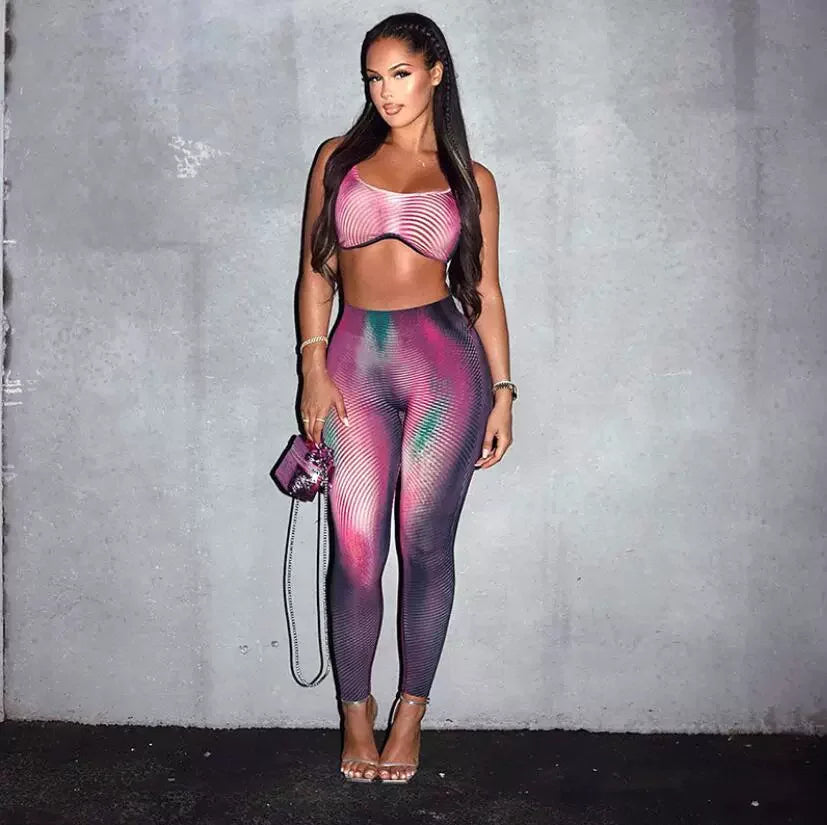 FAGADOER Fashion Stripe Patchwork 2 Piece Sets Woman Outfit Gradient Backless Vest Top + Skiny Pants Suit Female Jogger Clothing