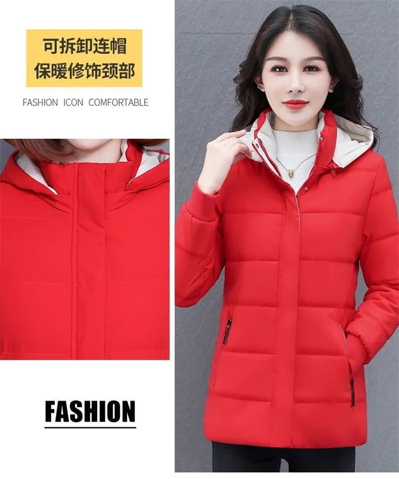 Detachable Hooded Parka Windproof jacket Female's winter jacket plush and Thickened High-End Women's Short Cotton Coat Patchwork