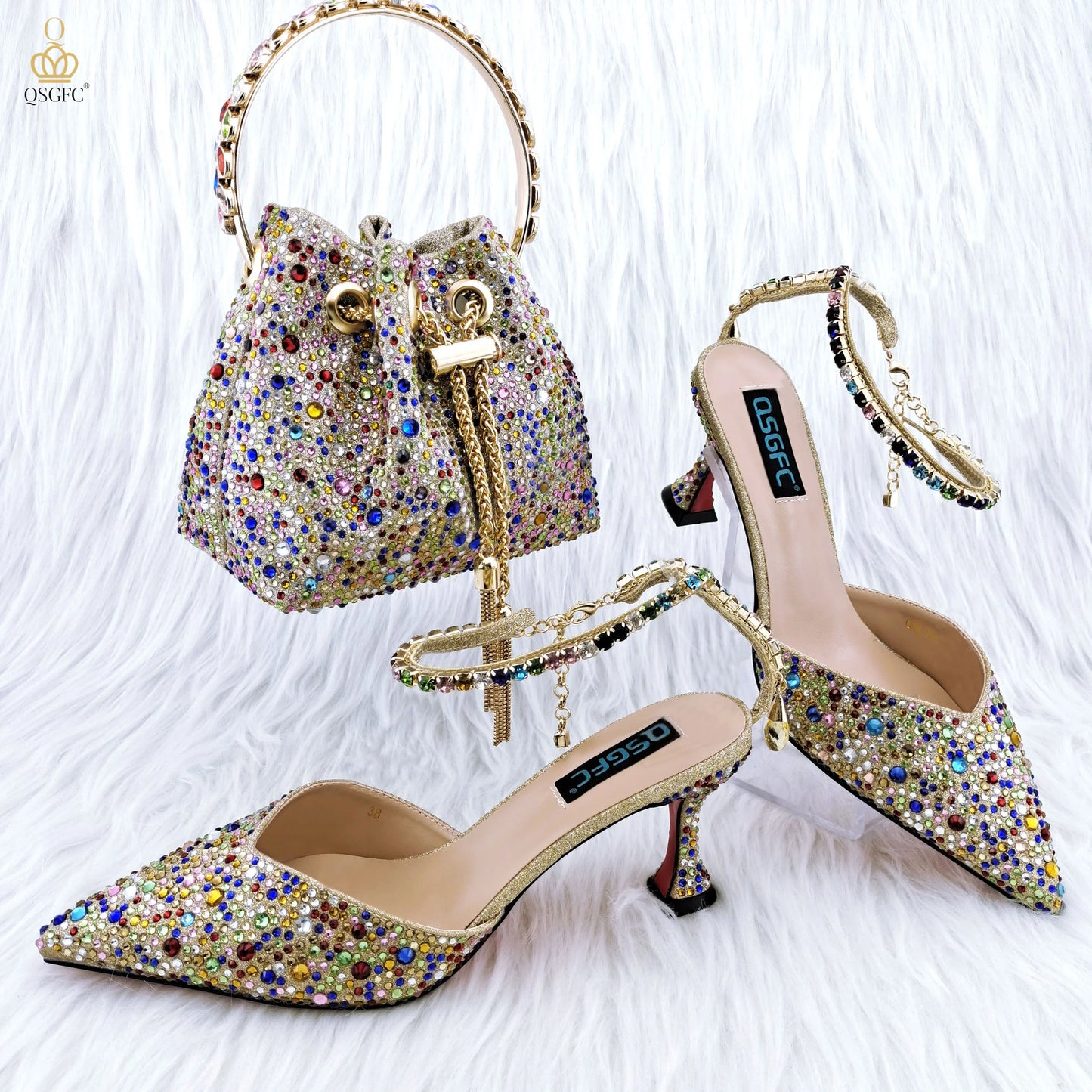 QSGFC Nigerian Popular Pointed Shoes And Bag Handle Soft Small Bag Anklet Design Mid-Heel Women's Shoes