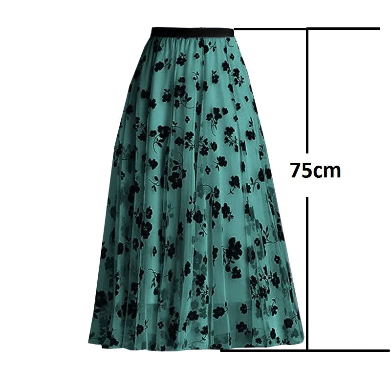 Flocking Floral Pirnted Long Mesh Skirt for Women, High Waist, Max Pleated Tutu, Tulle Skirt, Gauze Skirt, Female, 2025