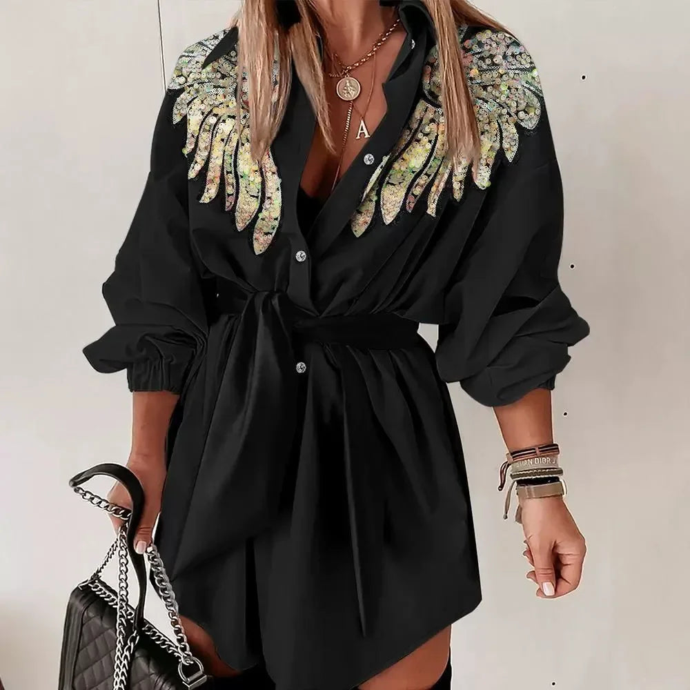 FashionDress Women Sexy New 2024 Autumn Winter Casual Sequin Wings Pattern Turn-Down Collar Tied Detail Elegant Shirt Dresses