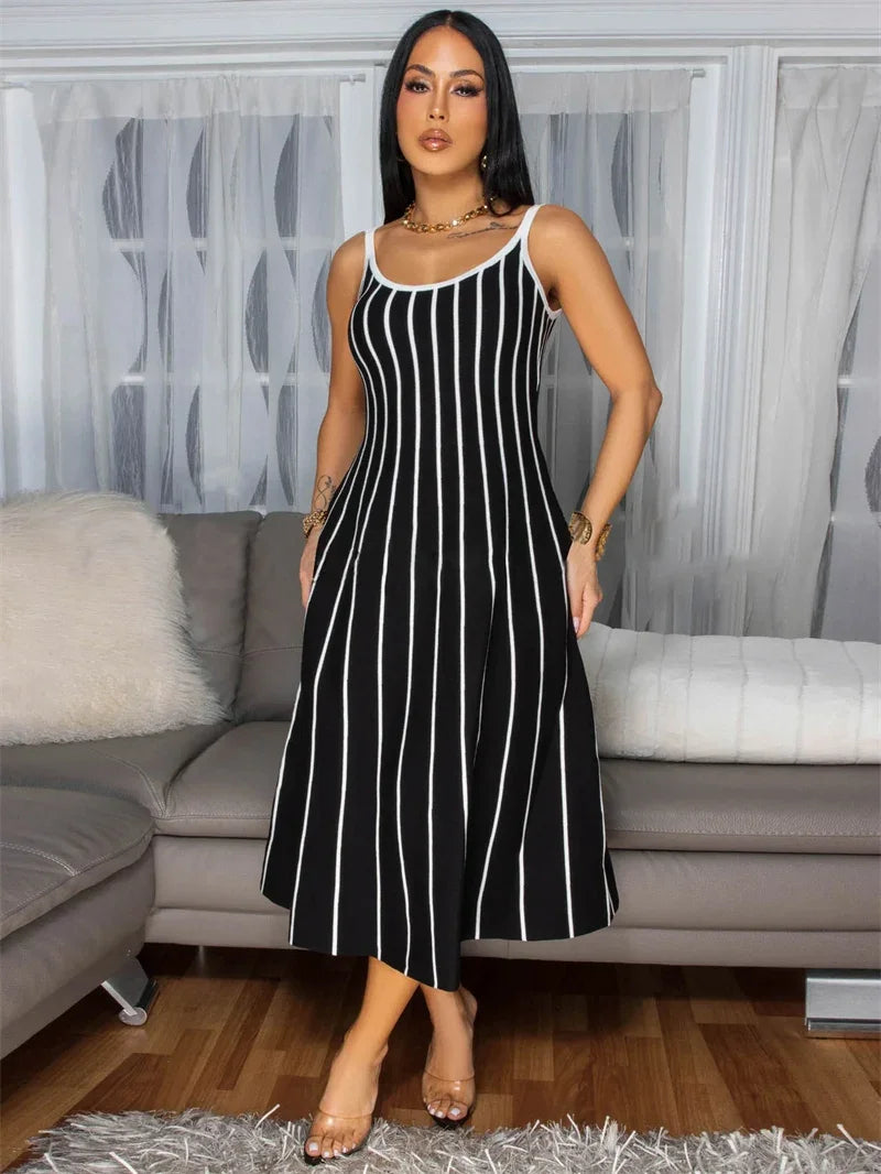 Summer Striped Printed A-line Maxi Dress for Woman Sleeveless Camisole V-neck Casual Club Party Long Dresses Sundress Vacation