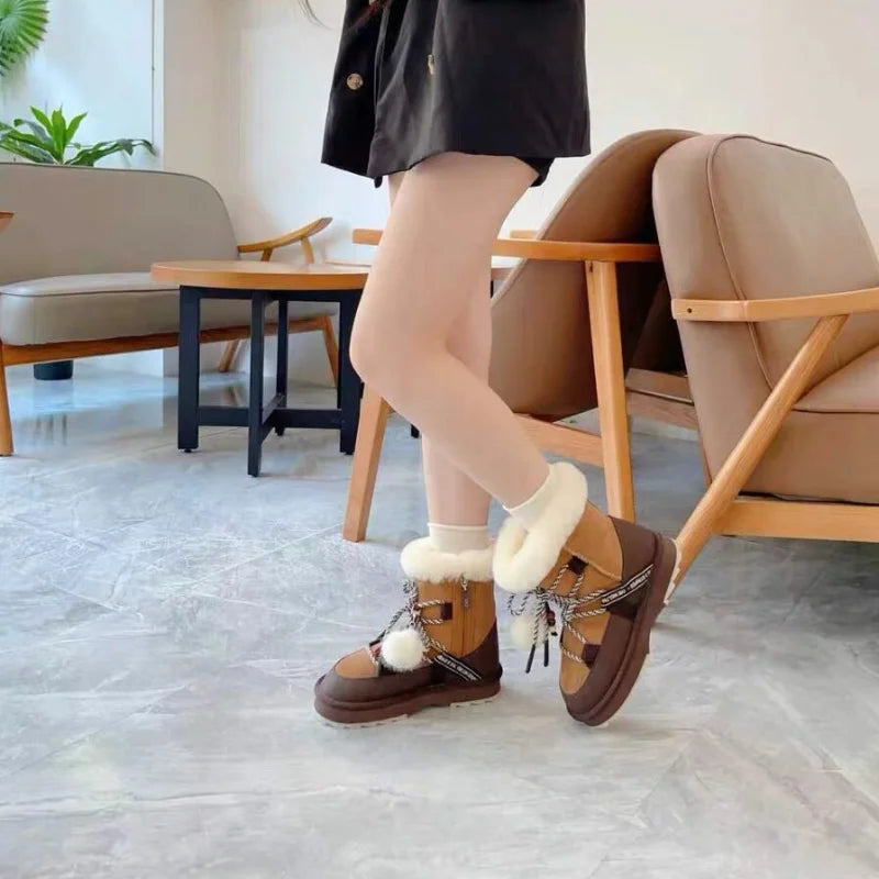 Plush Warm Snow Boots For Women Fashion Short Thick Non-slip Sports Shoes Lace-up Zipper Ankle Boots Thick Sole Shoelace Pendant