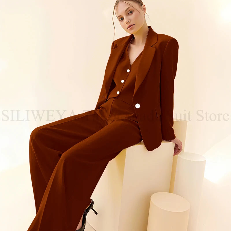 Classy New in Yellow Suits for Women 3 Pieces Jacket Vest Pants Female Clothing Slim Fit Office Banquet Lady's Blazers Sets