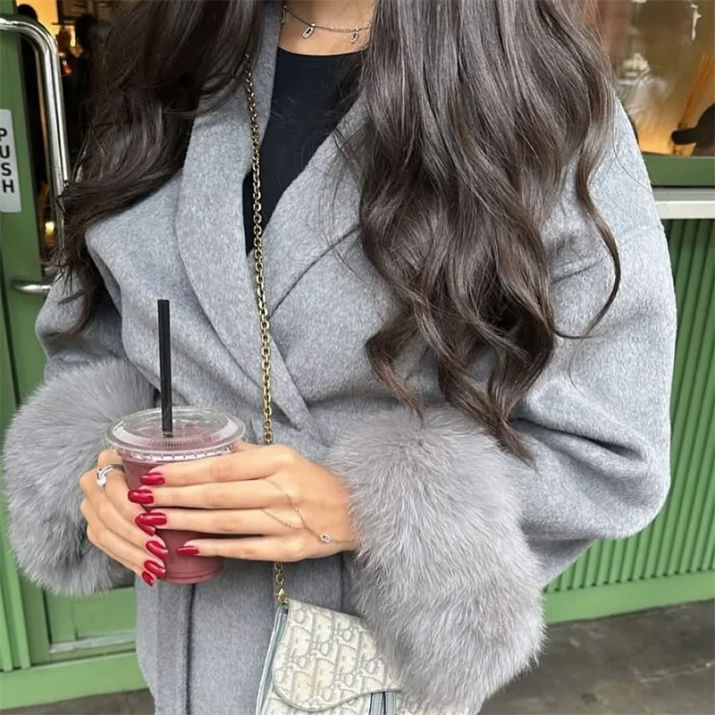 Plush Cuffs Belt Women 's Coats Elegant Lapel Faux Fur Sleeve Twist Open Coat Female 2025 Autumn Winter Fashion Lady Streetwears