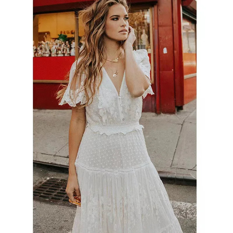 Summer Women V-Neck Embroidery Slim-Fit Short Sleeve Long Dress Beach Bohemian Wedding White Lace Dress