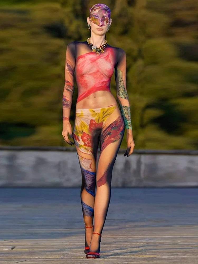 Weird Puss Colorful Print Jumpsuit Women Sexy o-Neck Full Sleeve Skinny Peach Hip Hot Girls Street Fashion Wild Style Overalls