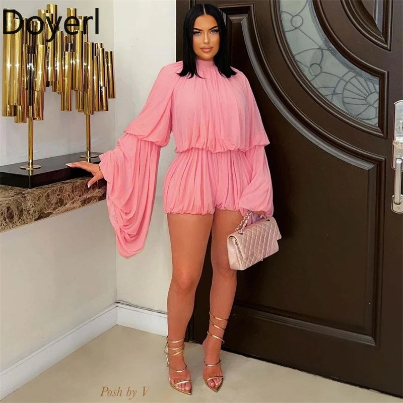 Doyerl Pleated Ruffles 2 Piece Set Woman Y2K Rave Clothing Festival Long Flare Sleeve Top and Short New in Matching Sets Outfits