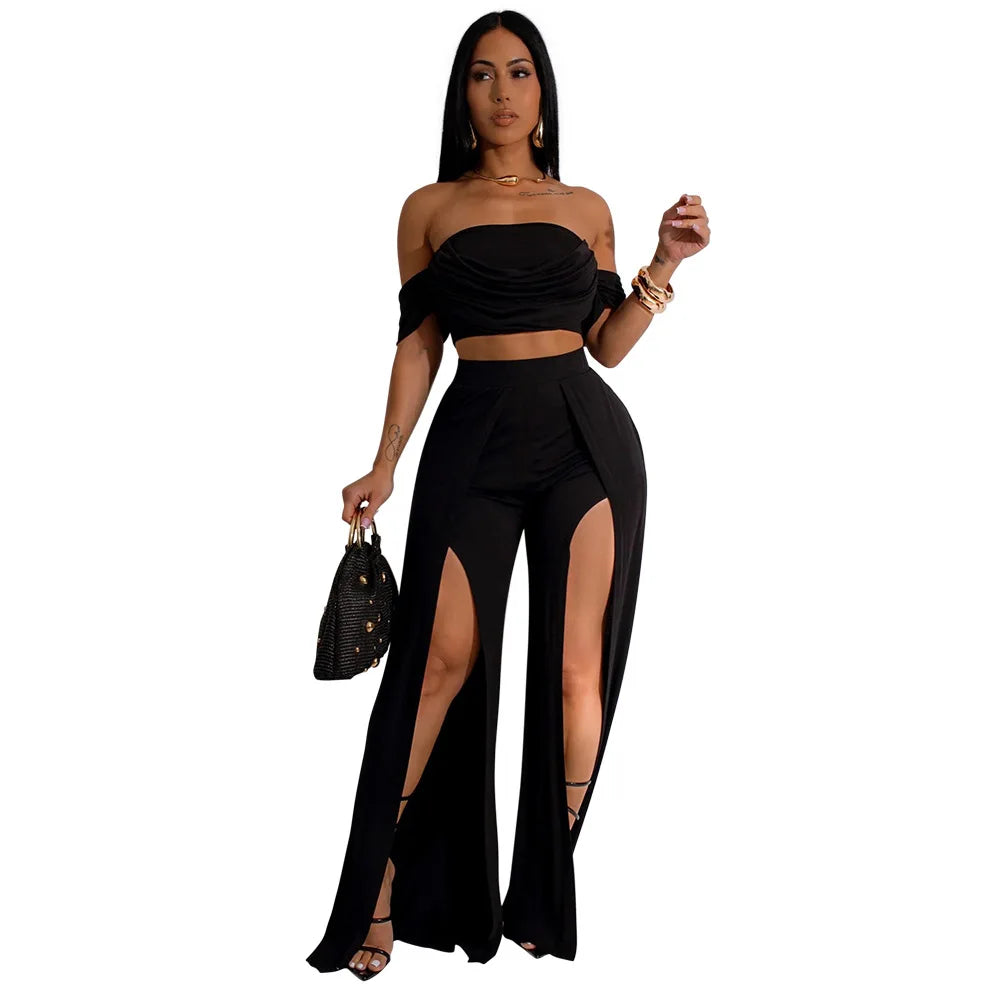CM.YAYA Women's Set Short Sleeve Slash Neck Ruched Tops and Wide Leg split Pants 2024 Street Two 2 Piece Sets Outfit Tracksuits