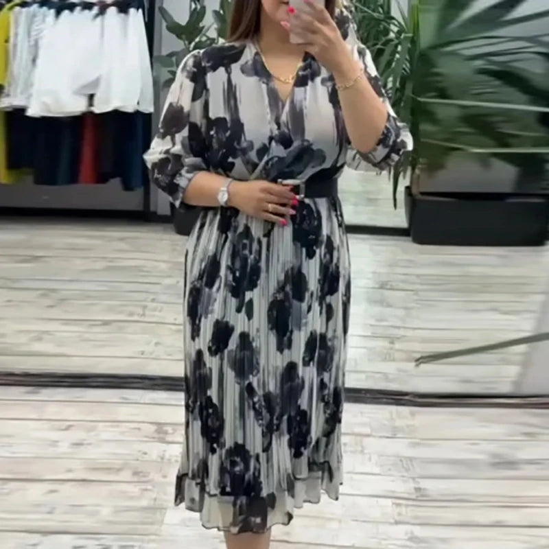 Casual Loose Holiday Long Dress Chiffon Floral Print Pleated Commuter Dress Autumn Vintage Lady V-neck Half Sleeved Party Dress