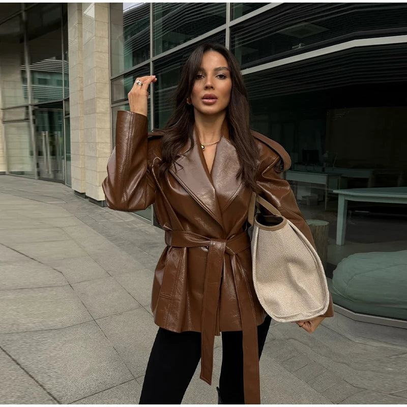 2025 Autumn Women's Jacket Vintage Laple Brown PU Leather Belt Pockets Jackets Female Fashion New Winter Loose Lady Streetwears
