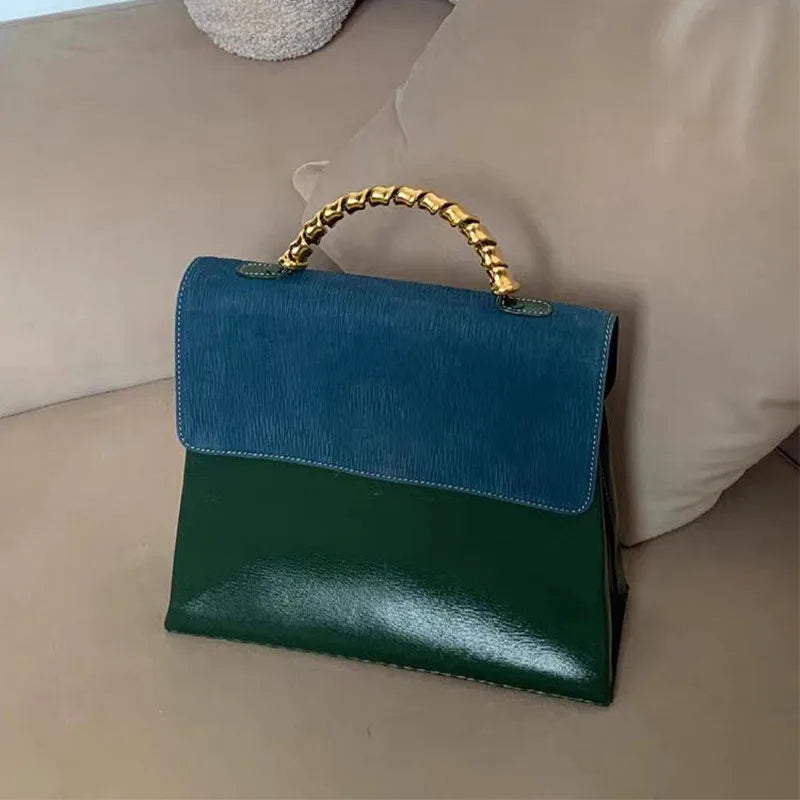 Brand Designer Small Square Bag Elegant Blue Green Stitching Fashion Trend Personality Texture Shoulder Bag Pu Leather Handbag