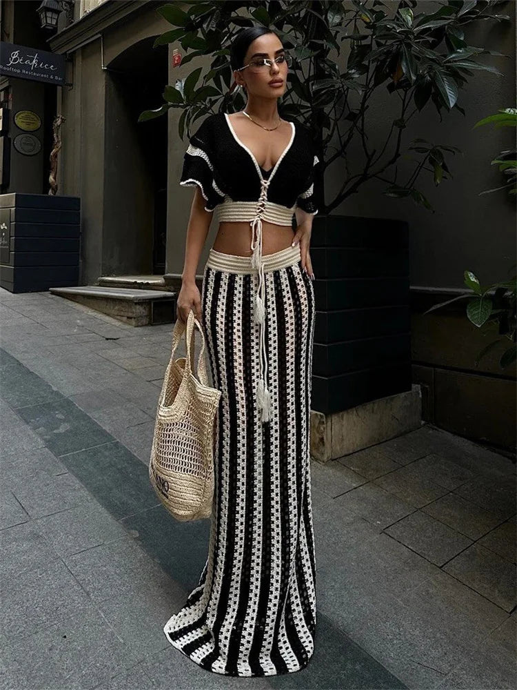 Wmstar Women Two Piece Set Sexy Elegant Knitted Crochet Beach Stripe Crop Tops Long Skirts Matching Set Holiday Birthday Outfits