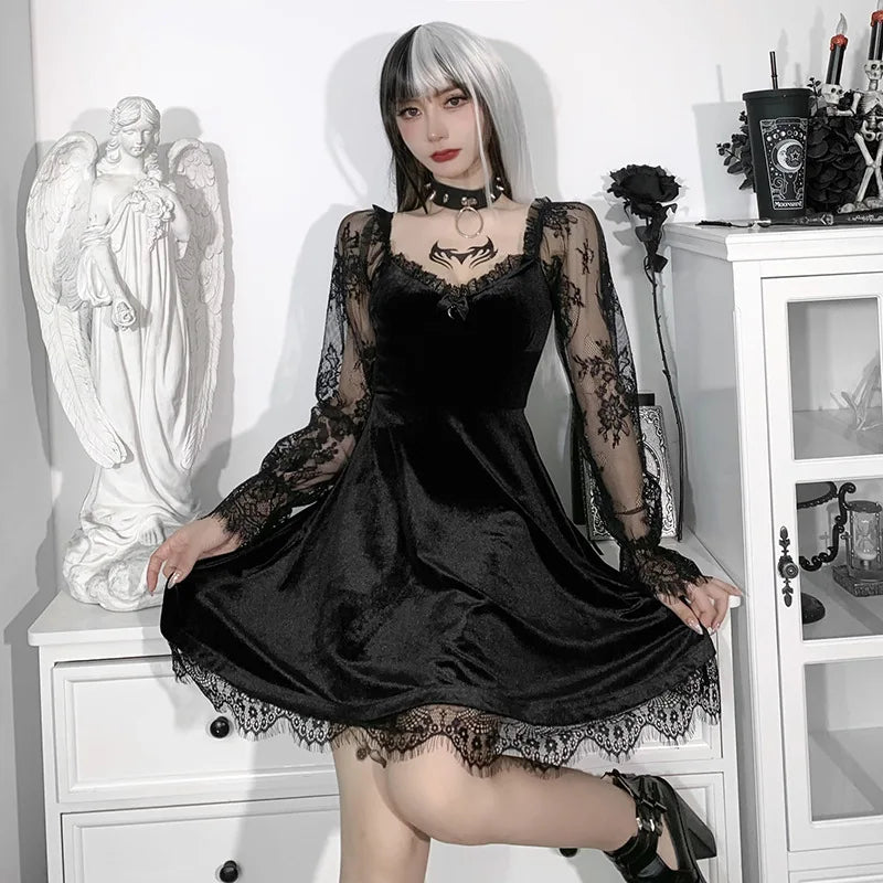 Y2K Hollow Cuffs Strapless Sexy Gothic Lace Dress Dark Style Pleated Knee-length Skirt Women‘s Slim Fit Fashion Women's Clothing