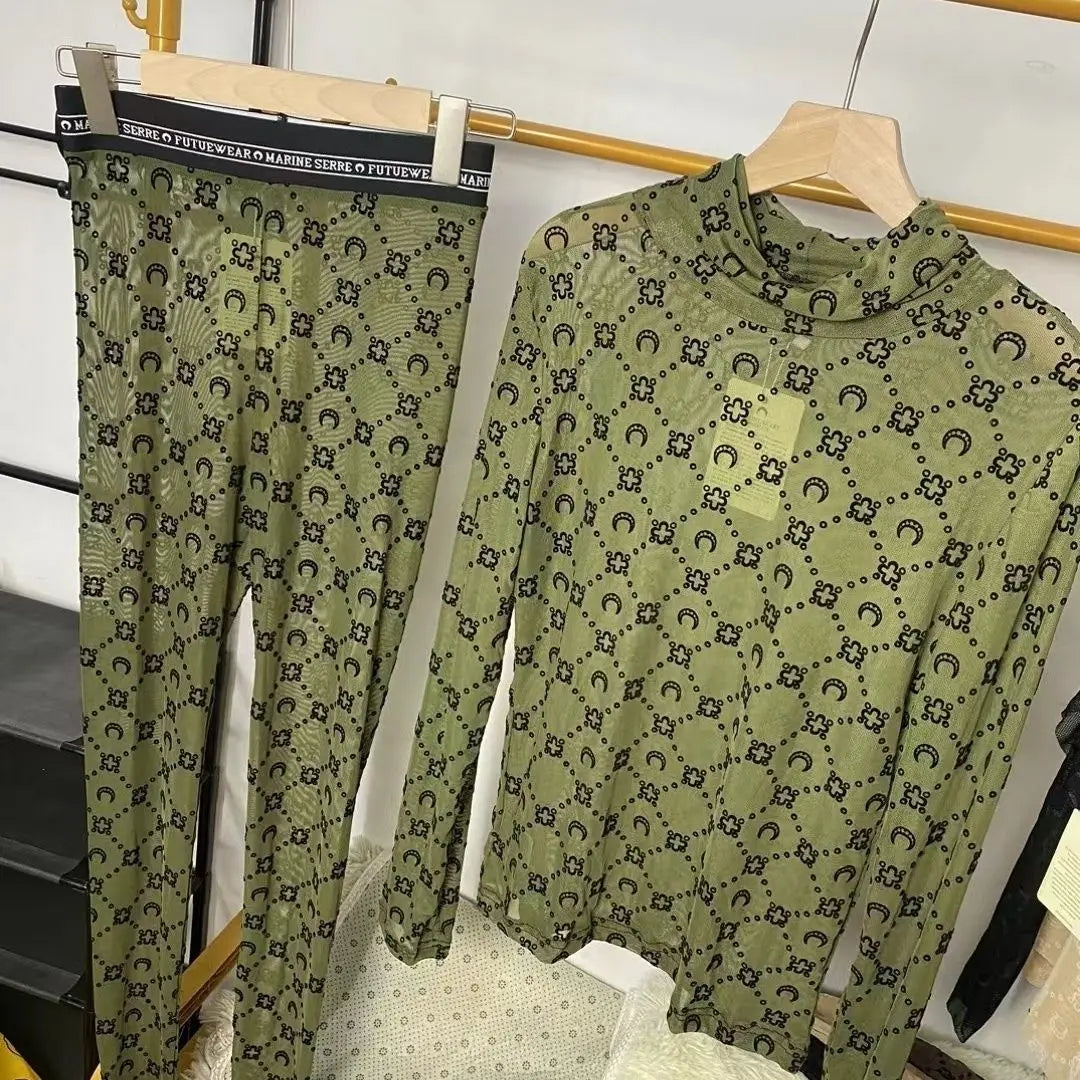 Retro Moon Print Velvet Long Sleeve Two Piece Set for Women