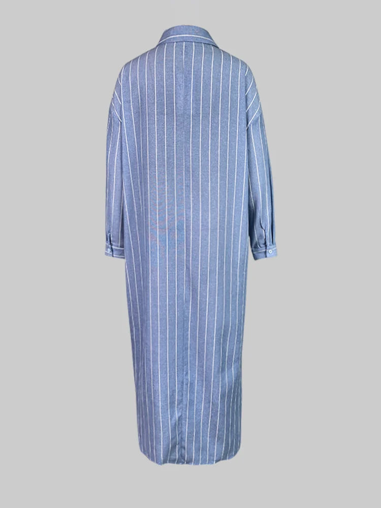Women's summer New V-neck Fashionable Button Striped Round Neck Long Sleeved Simple Loose Long Sleeved Pullover Dress