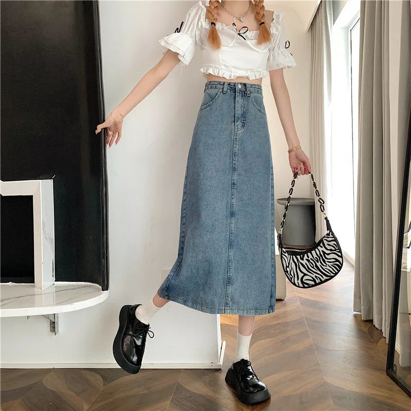 New 2022 Spring-Autumn Medium-Length Denim Skirt For Women High-Waisted Slimming Plus Size Curvy Girls A- Line Hip Covering Skir