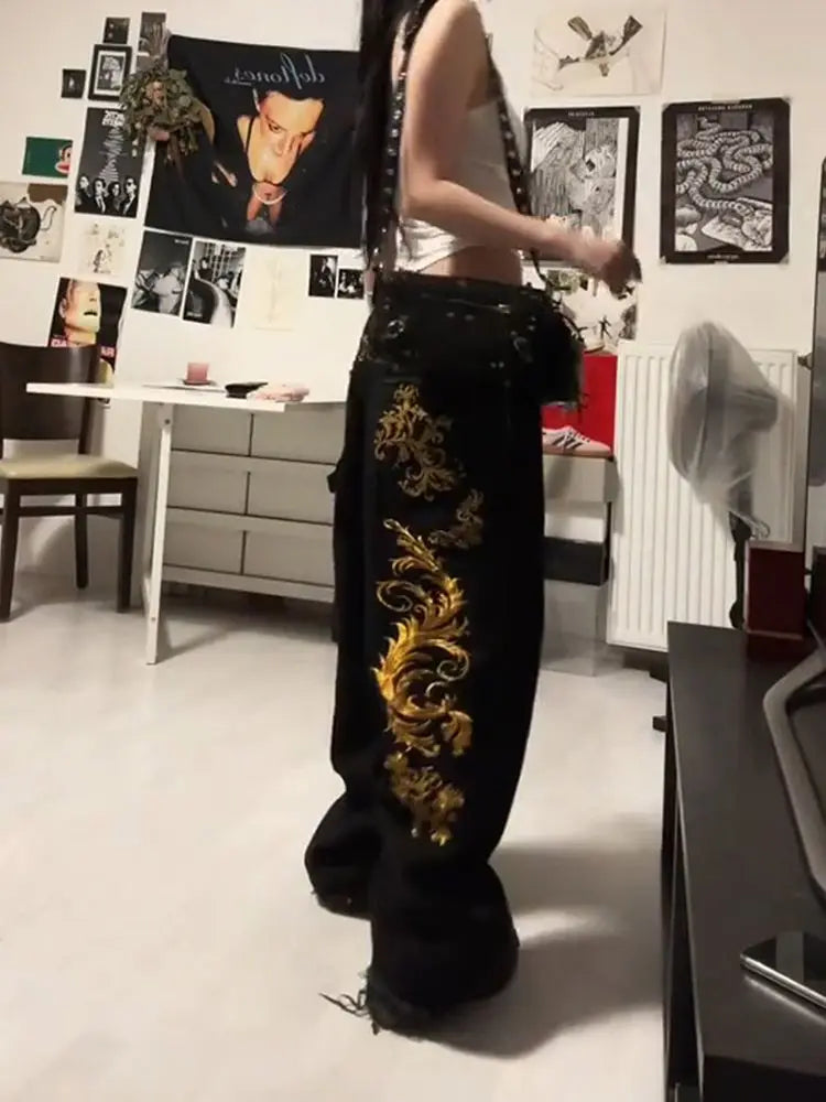 American Retro Dragon Print Straight Jeans Millennium Subculture Fashion Hot Girl Jeans Harajuku Hip Hop Y2k Pants Baggy Jeans