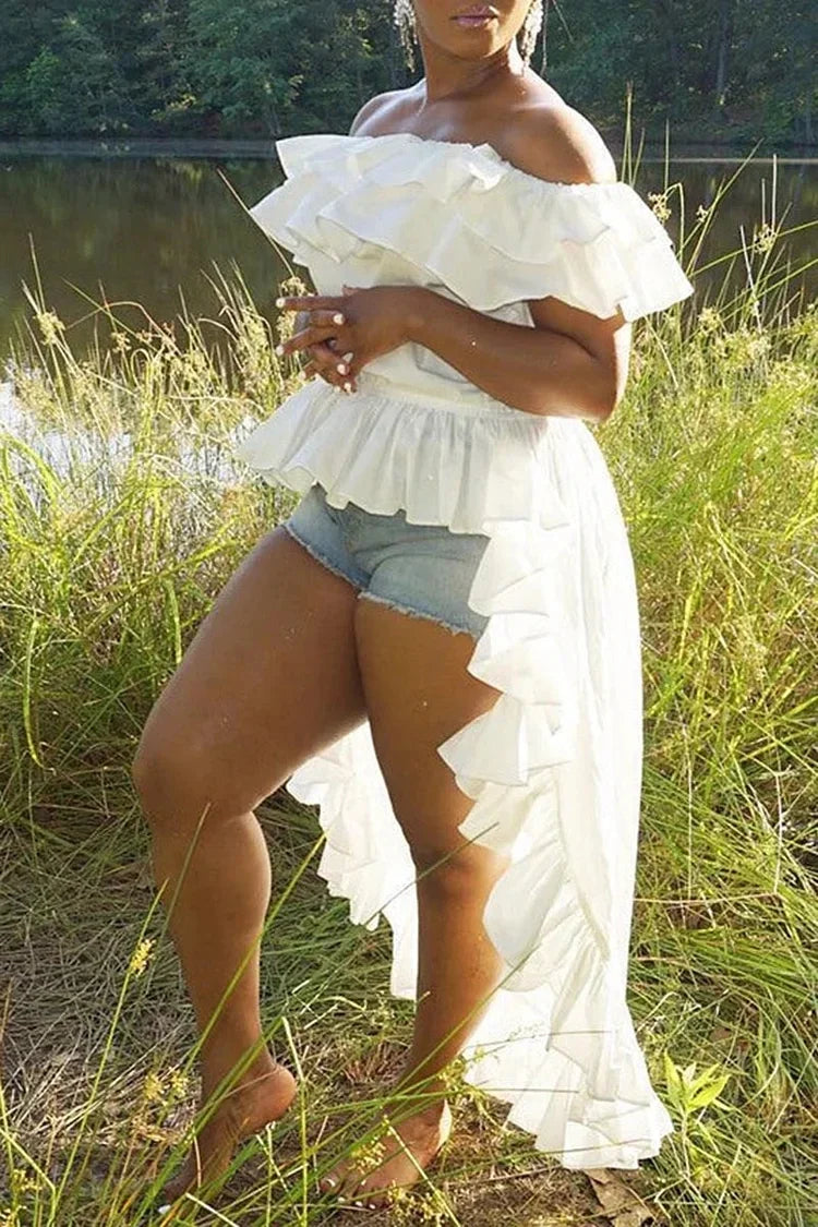 Plus Size Women's Summer Dress White Ruffle Irregular Off Shoulder High Low Mini Dresses