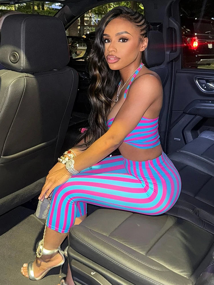 Weird Puss Sexy Stripe Patchwork 2-Piece Set Women Halter Chest Wrapped Camisole+Skinny Mid Pants Matching Hottie Beach Outfits