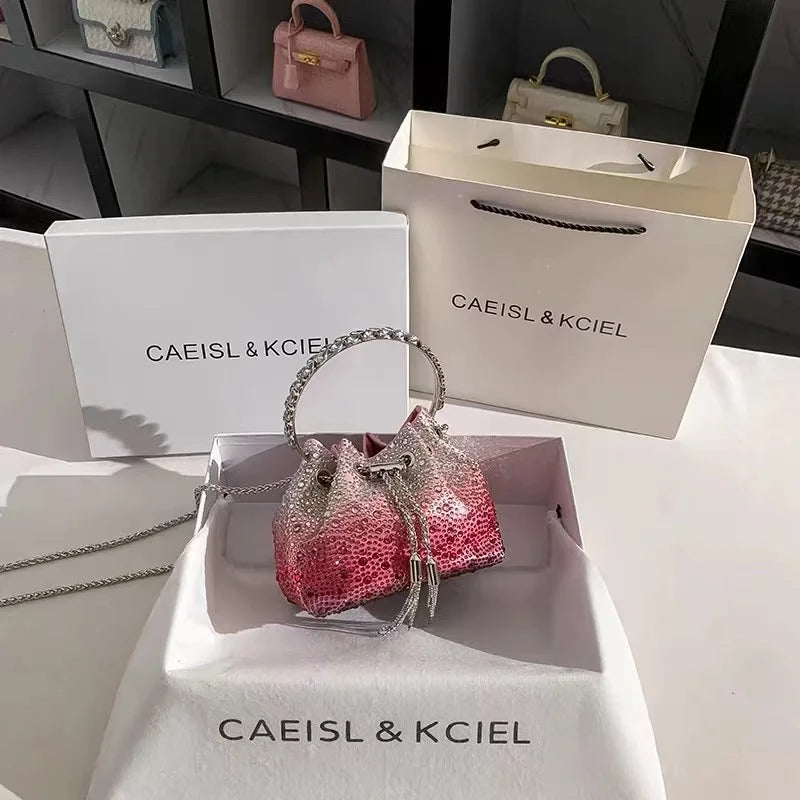 Crystal Shiny Diamonds Bucket Bag Fashion Women Handbag Metal Ring Handle Evening Bag Wedding Party Clutch Purse Crossbody Bag