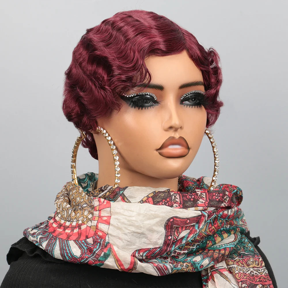 180% Density Glueless Brazilian Ocean Wave Human Hair Wig Burgundy 99J Colored Short Pixie Cut Loose Curly Finger Wave Style