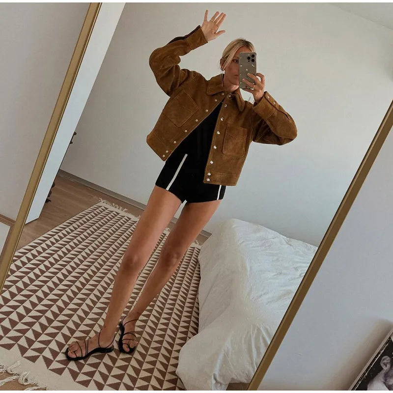 Big Pockets Suede Short Women's Jackets Vintage Lapel Single Breasted Full Sleeve Jacket Lady 2025 Spring Fashion Streetwears