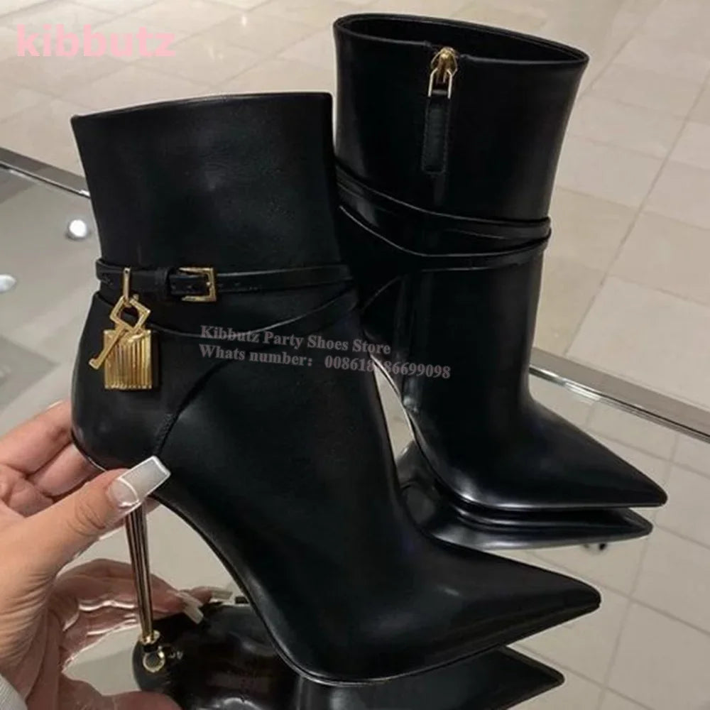 Metal Padlock Key Ankle Boots Genuine Leather Solid Color Pointed Toe Thin Heel Suede Side Zipper Fashion Runway Show Elegant