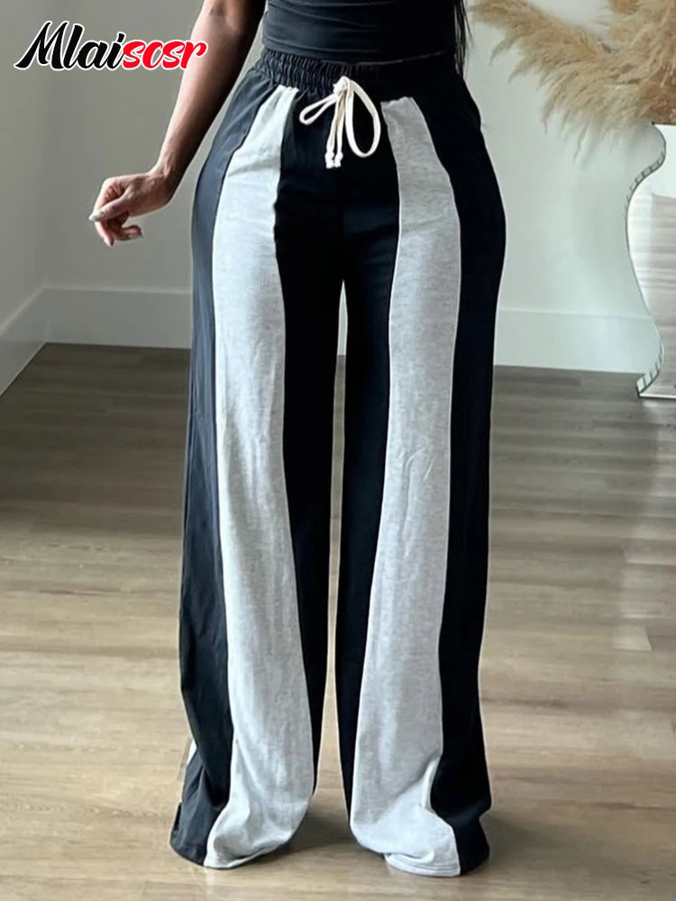 Mlaiscsr Fashion Pink Patchwork Loose Wide Leg Pants Women Drawstring High Waist Trousers Casual Streetwear Bottoms Sweatpants