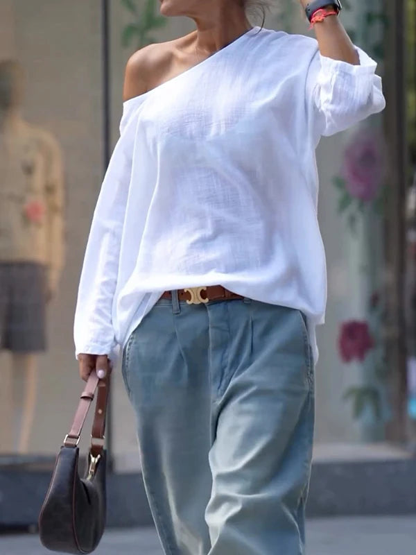 2025 Summer Spring Casual White T-shirts One-shoulder Long Sleeves Loose Simple Basic Tops Tee Shirts S-2XL