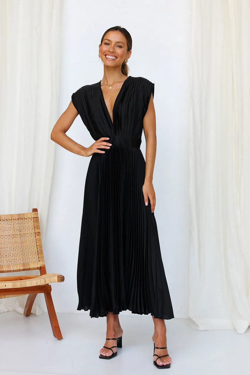 Elegance Draped V-Neck Pleated Skirt Dress 2025 Women Solid Strapless Backless Patchwork Loungewear Simple Maxi Dress