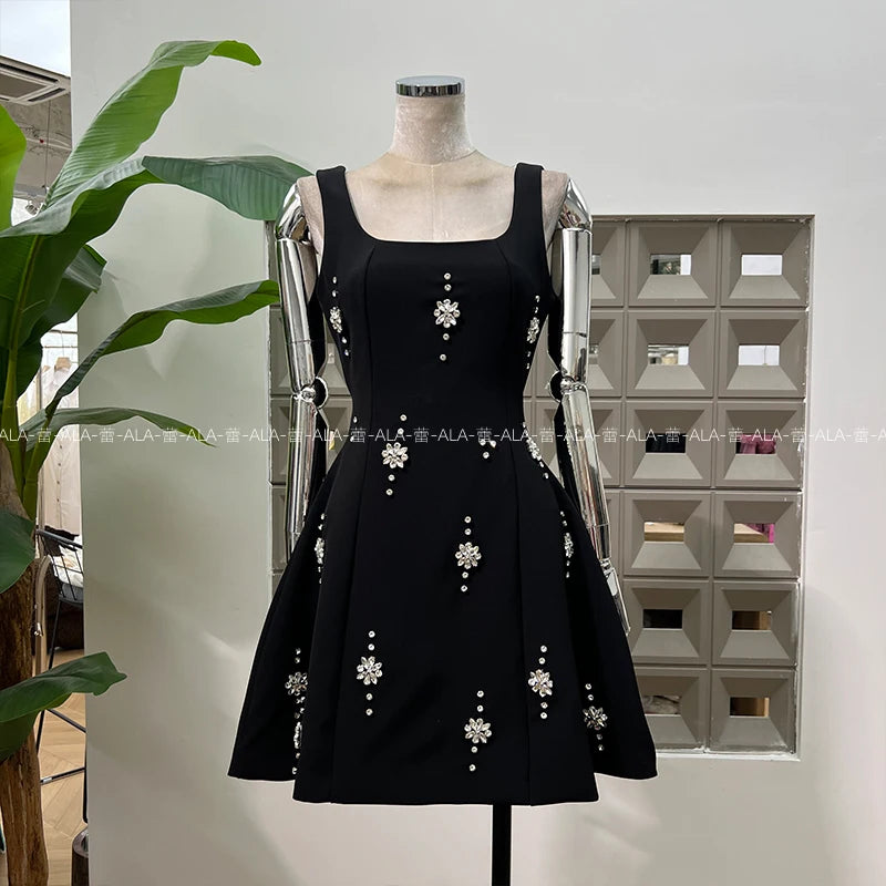High-end Light Luxury Party Dress 2025 Summer Clothes New Heavy Industry Diamond Square Collar Waist Halter Bow Short Dress